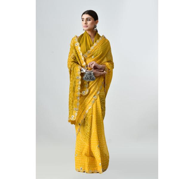 The Weavers Shop By Raavi Pure Chiffon Bandhani Silk Saree Yellow